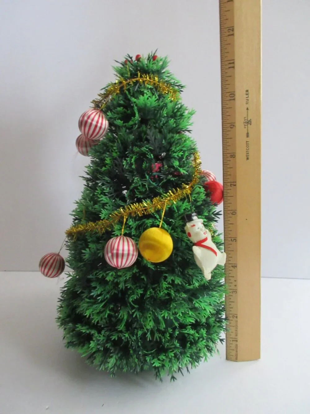 Table Top Plastic Christmas Tree Poinsettia, Garland, Satin Balls, Vintage READ*